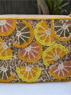 LULU Beaded Citrus Wristlet Clutch Sequin Lemon Orange Pouch Cosmetic Bag
